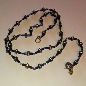 Fabulous J Crew Navy Blue Glass Bead Necklace Signed Rhinestone Beads Spacers